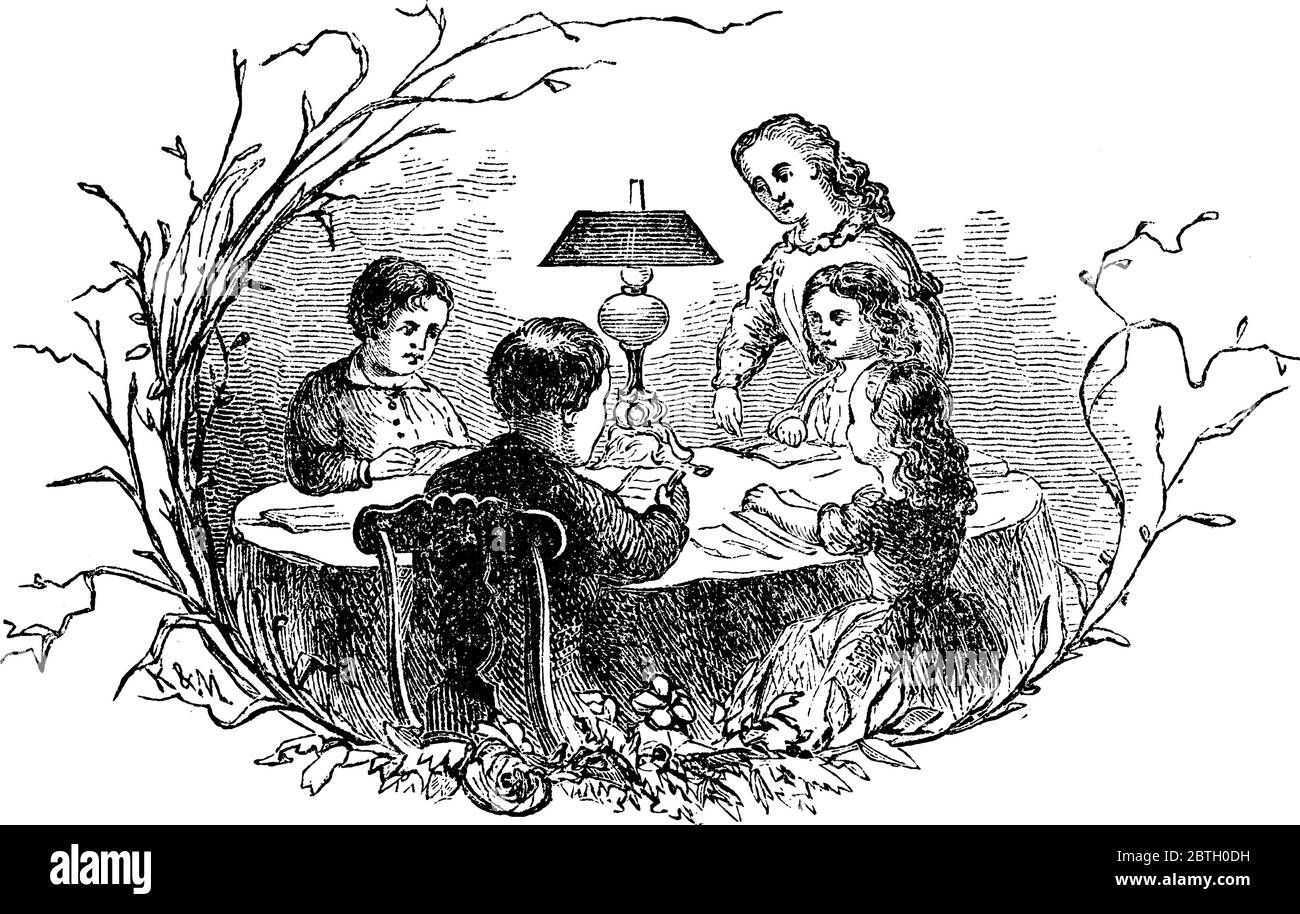 Portrait des enfants assis sur une table à manger et menu de lecture de nourriture., dessin de ligne vintage ou illustration de gravure. Illustration de Vecteur