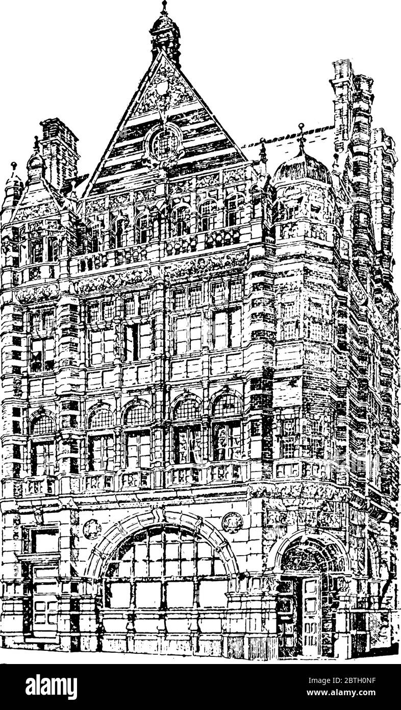 Représentation typique de la ville de Londres et de la banque Midland, située à Ludgate Hill Branch, grand bâtiment avec des dessins remarquables, ligne d'or vintage Illustration de Vecteur
