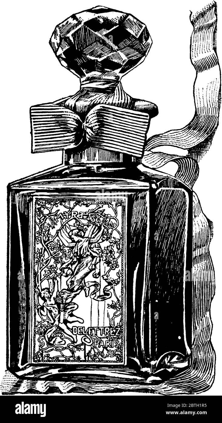 Figure montrant moderne bouteille de parfum avec décoration dessus et est fait à paris, dessin de ligne vintage ou illustration de gravure. Illustration de Vecteur