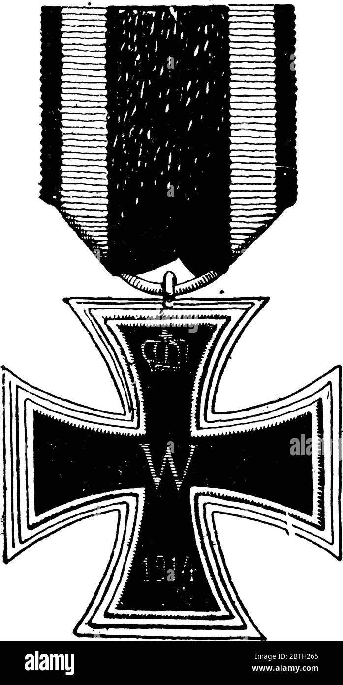 La Croix de fer utilisée comme symbole de l'armée allemande et de la décoration du Royaume de Prusse et allemand, dessin de ligne vintage ou illustration de gravure. Illustration de Vecteur