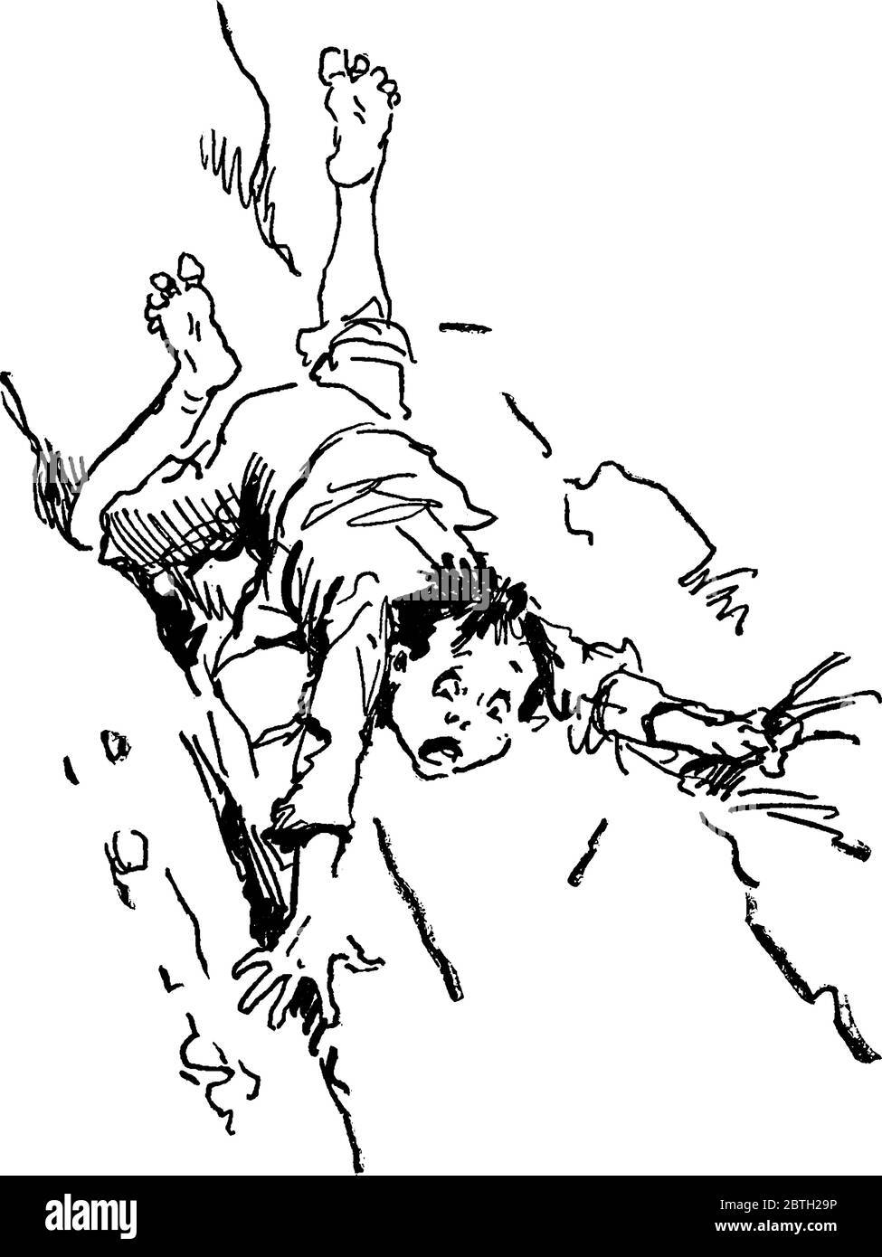 Un petit garçon pieds nus, qui se dégringolent et tombe sur une colline, dessin de ligne vintage ou illustration de gravure Illustration de Vecteur