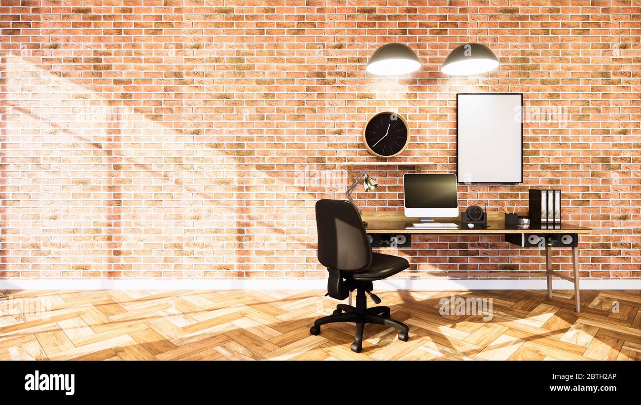 Vide - salon mur de briques blanches style loft Design intérieur. Rendu 3D Banque D'Images