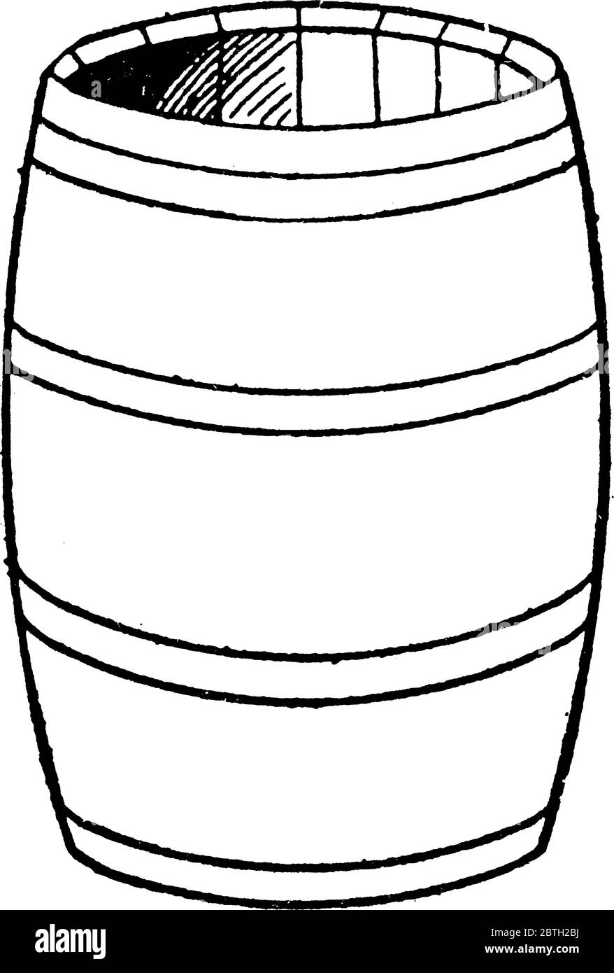 Grand récipient en forme de tambour en bois utilisé pour stocker le liquide, dessin de ligne vintage ou illustration de gravure. Illustration de Vecteur