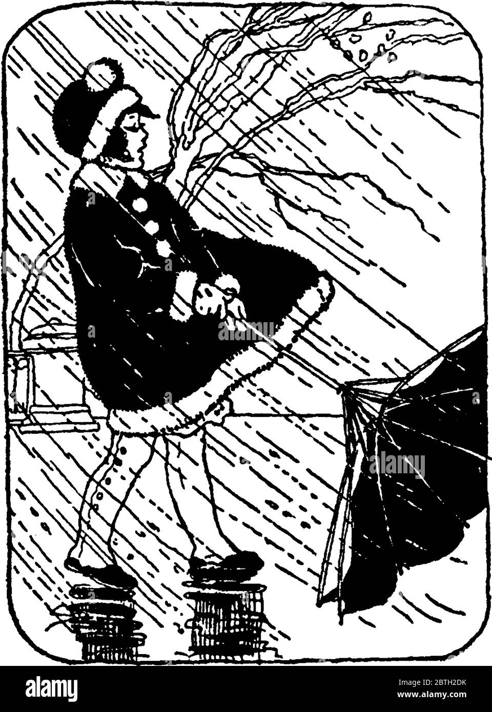 Figure montrant une fille marchant dans un vent fort et une forte pluie tenant à l'intérieur de parapluie, dessin de ligne vintage ou illustration de gravure. Illustration de Vecteur