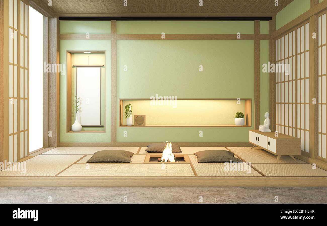 Intérieur de chambre vert Nihon avec papier de porte et étagère murale sur  tatami mat de sol chambre de style japonais. Rendu 3D Photo Stock - Alamy