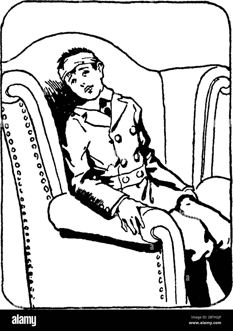 Un jeune garçon malade allongé sur un canapé confortable, dessin de ligne vintage ou illustration de gravure. Illustration de Vecteur