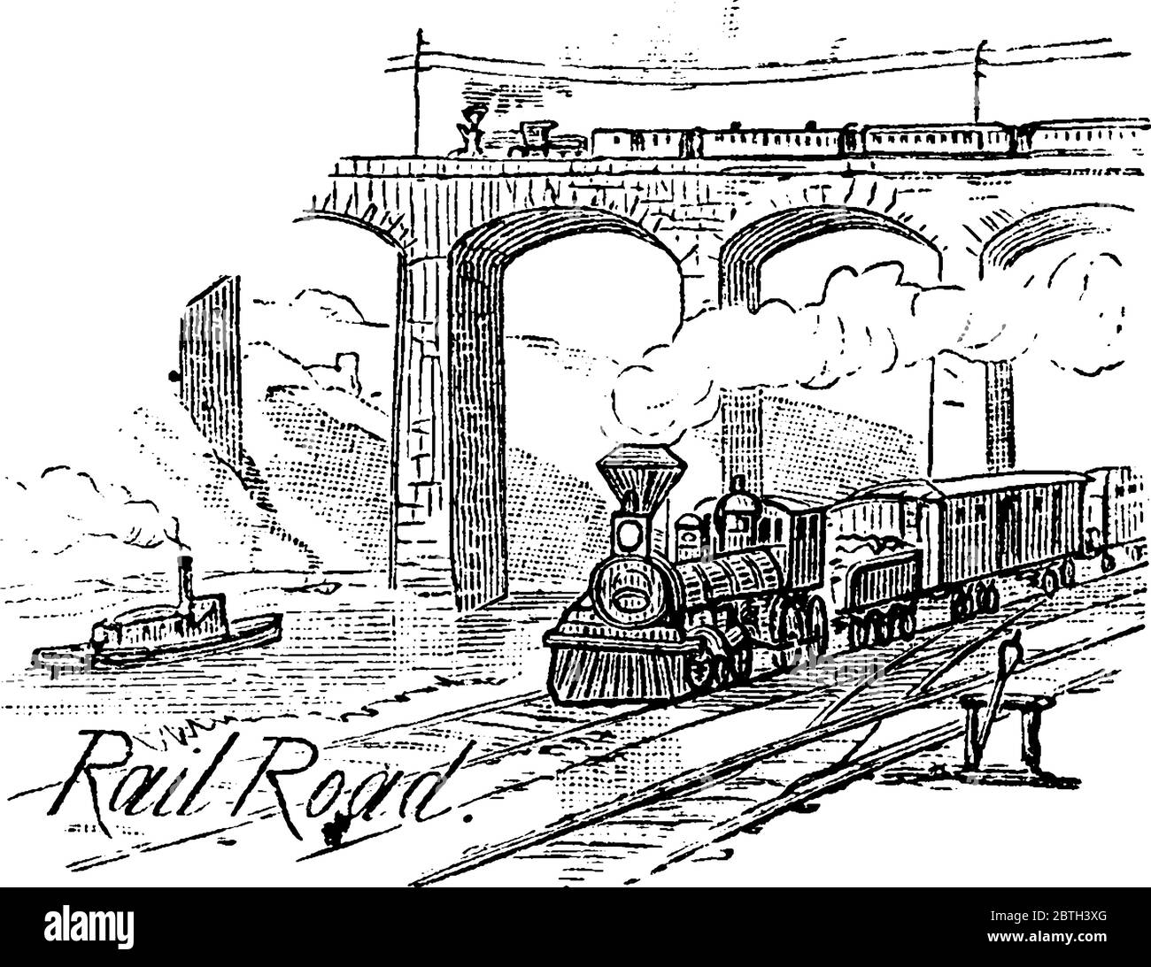 Train se déplaçant le long du chemin de fer qui transporte habituellement des passagers et des marchandises d'un endroit à un autre, dessin de ligne d'époque ou illustration de gravure. Illustration de Vecteur