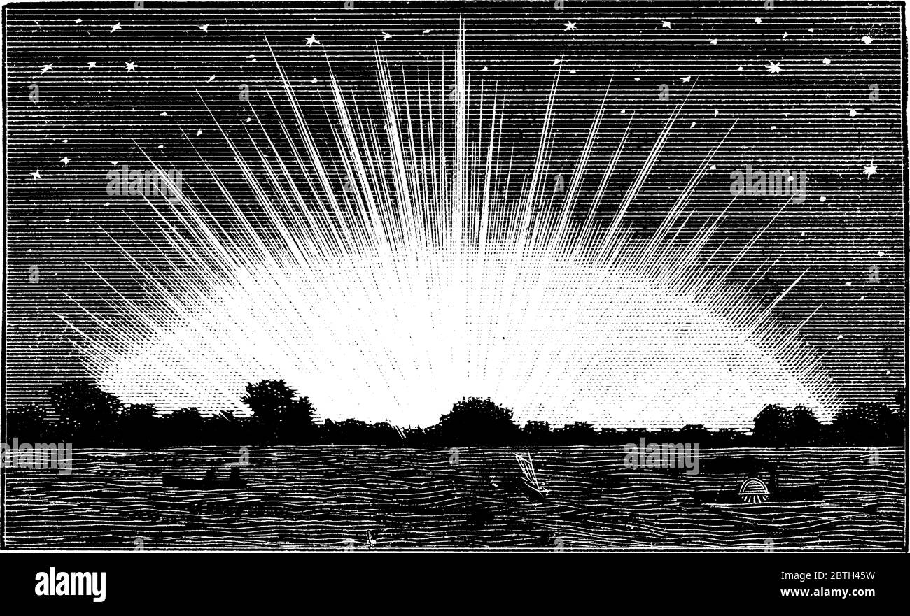 C'est une vue de tôt le matin dans laquelle les rayons du soleil sont apparaissent vintage dessin de ligne ou illustration de gravure. Illustration de Vecteur