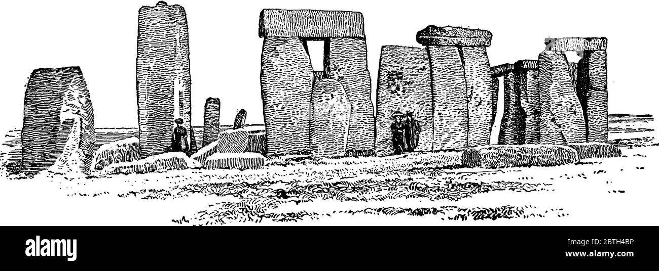 Stonehenge est un groupe de vieilles pierres sur pied d'une manière circulaire en Angleterre, dessin de ligne vintage ou illustration de gravure. Illustration de Vecteur