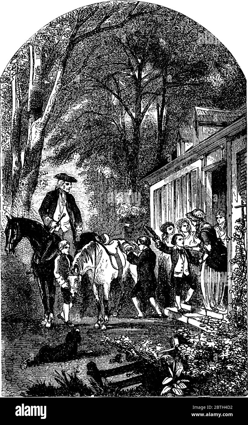 Un homme et un garçon qui quittent la maison pour atteindre leurs objectifs de vie, dessin de ligne vintage ou illustration de gravure. Illustration de Vecteur