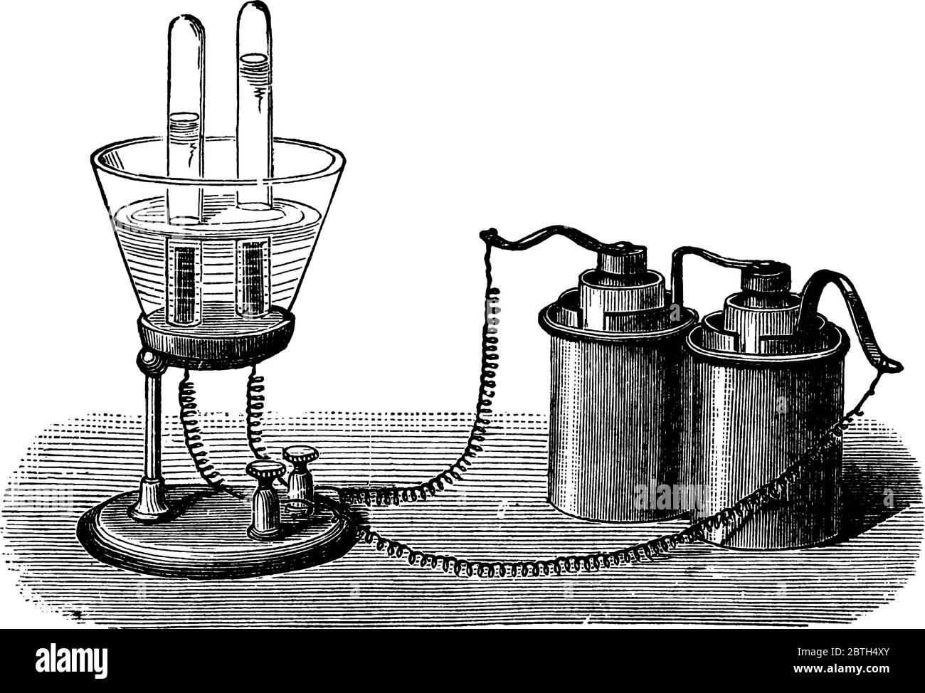 Électrolyse, un appareil utilisé pour l'électrolyse de l'eau, le dessin de ligne vintage ou l'illustration de gravure. Illustration de Vecteur