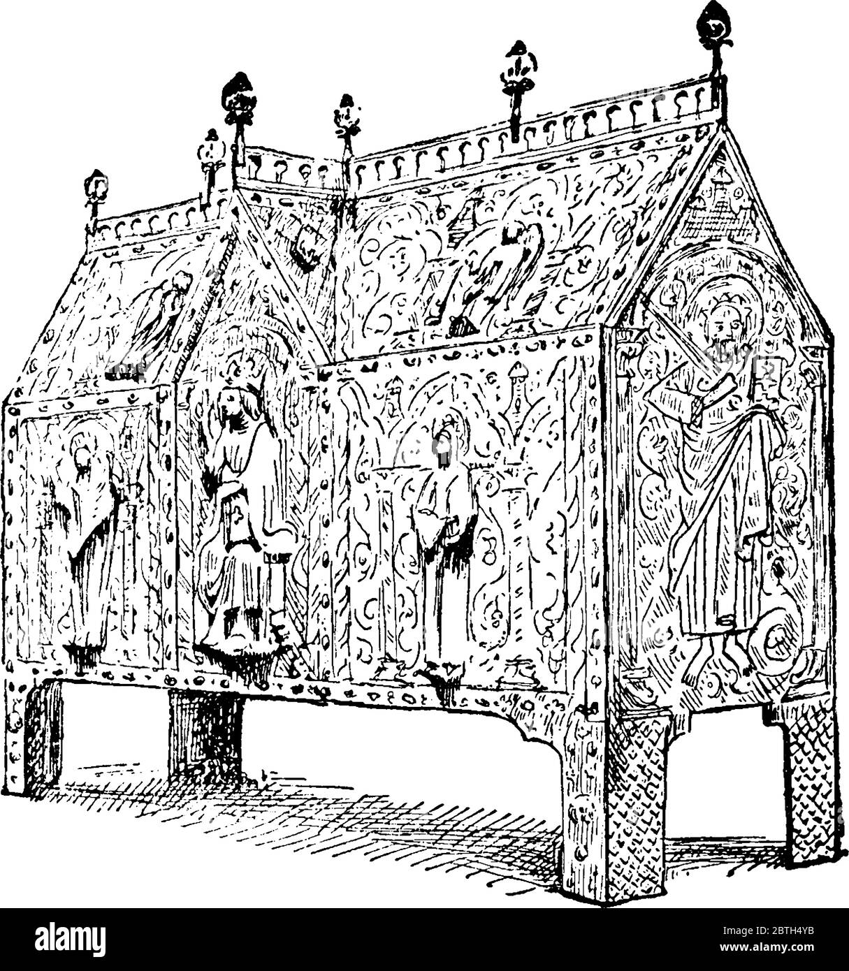 Sanctuaire de Saint-Calmine, duc d'Aquitaine, en cuivre émaillé et doré, dessin de lignes ou illustration de gravure vintage. Illustration de Vecteur