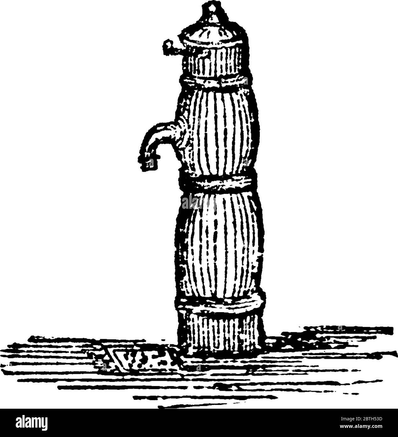 Un raccord dans une rue ou un autre lieu public avec une buse par laquelle un tuyau peut être attaché à un plan d'eau, un dessin de ligne vintage ou une gravure illustrat Illustration de Vecteur