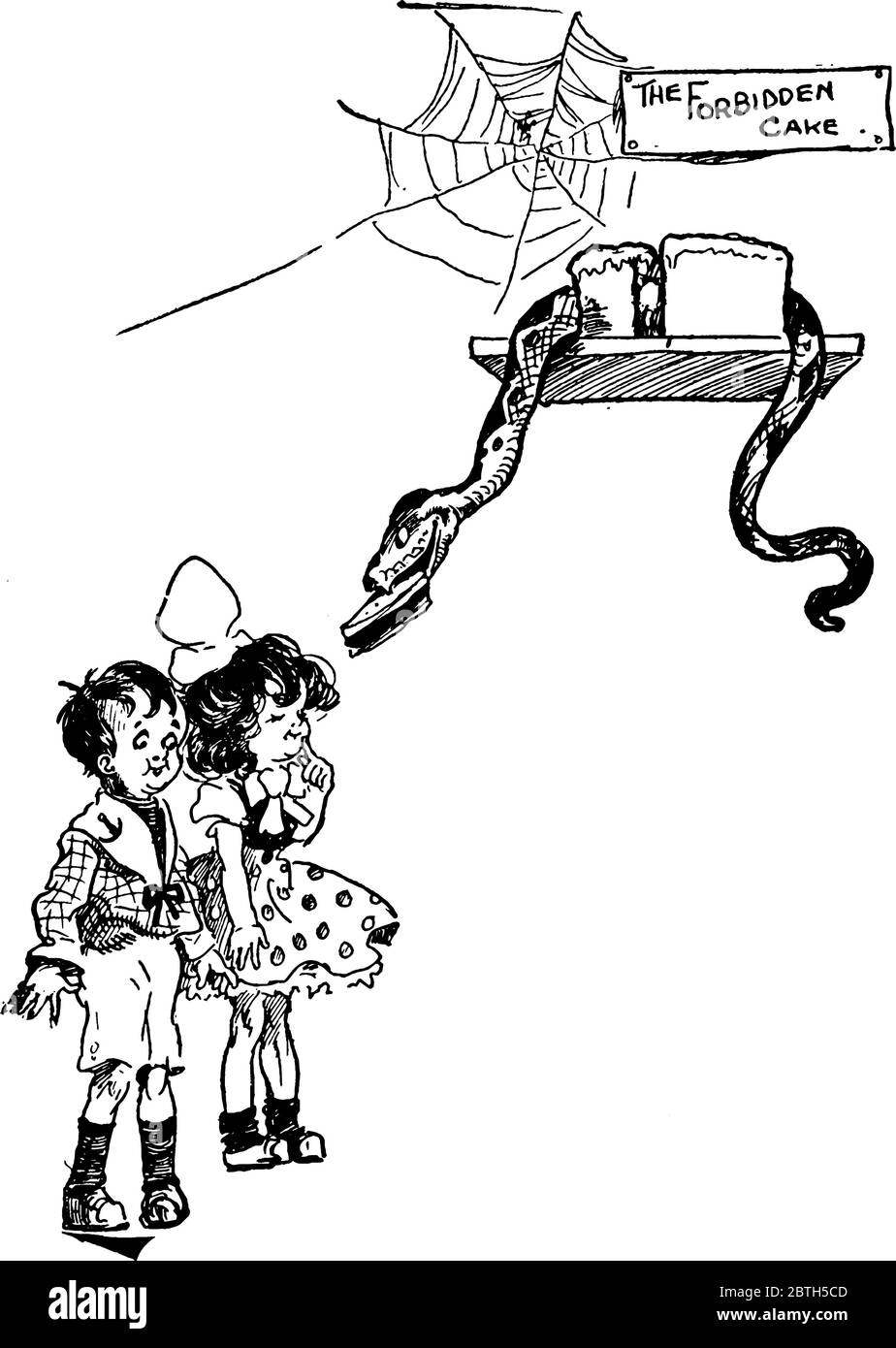 Un dessin animé dans lequel un serpent donnant un gâteau à deux enfants un tableau écrit là le gâteau interdit, dessin de ligne vintage ou illustration de gravure. Illustration de Vecteur