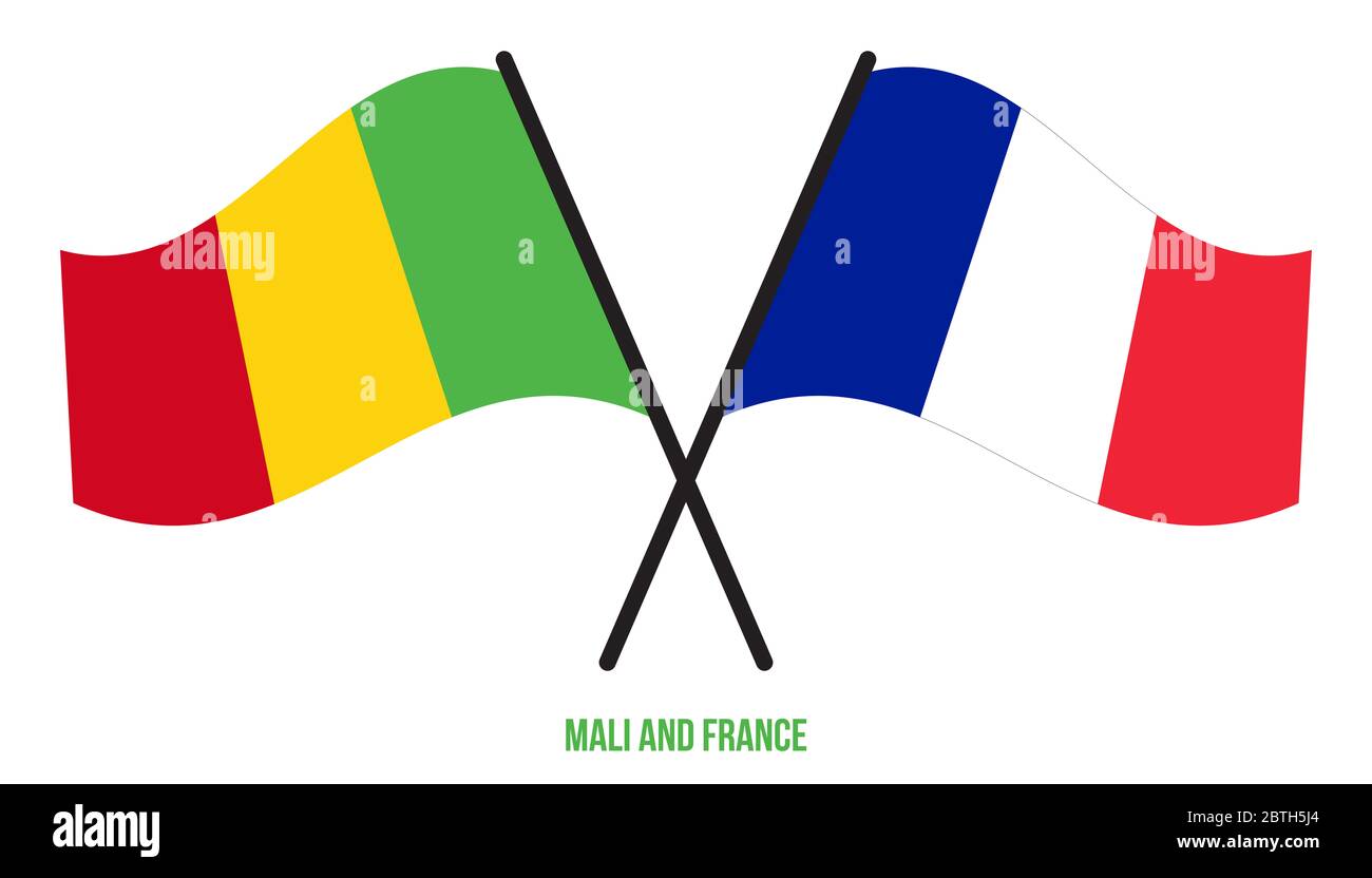 Mali et France drapeaux croisés et ondulant le style plat. Proportion officielle. Corriger les couleurs. Banque D'Images