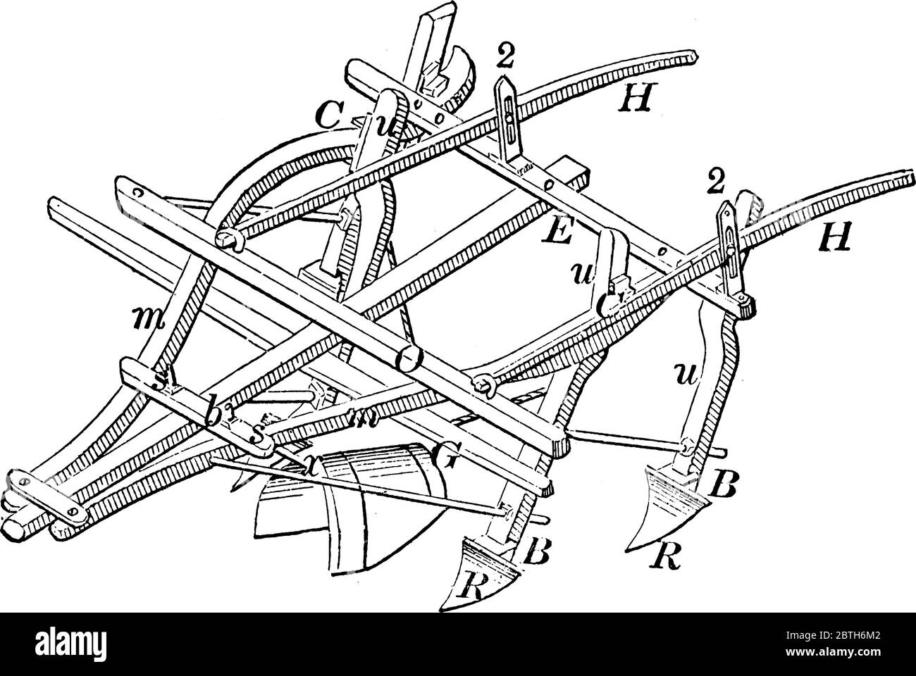 Schéma du cultivateur agricole utilisé pour couper le champ, cette machine a deux ailes, dessin de ligne vintage ou illustration de gravure. Illustration de Vecteur