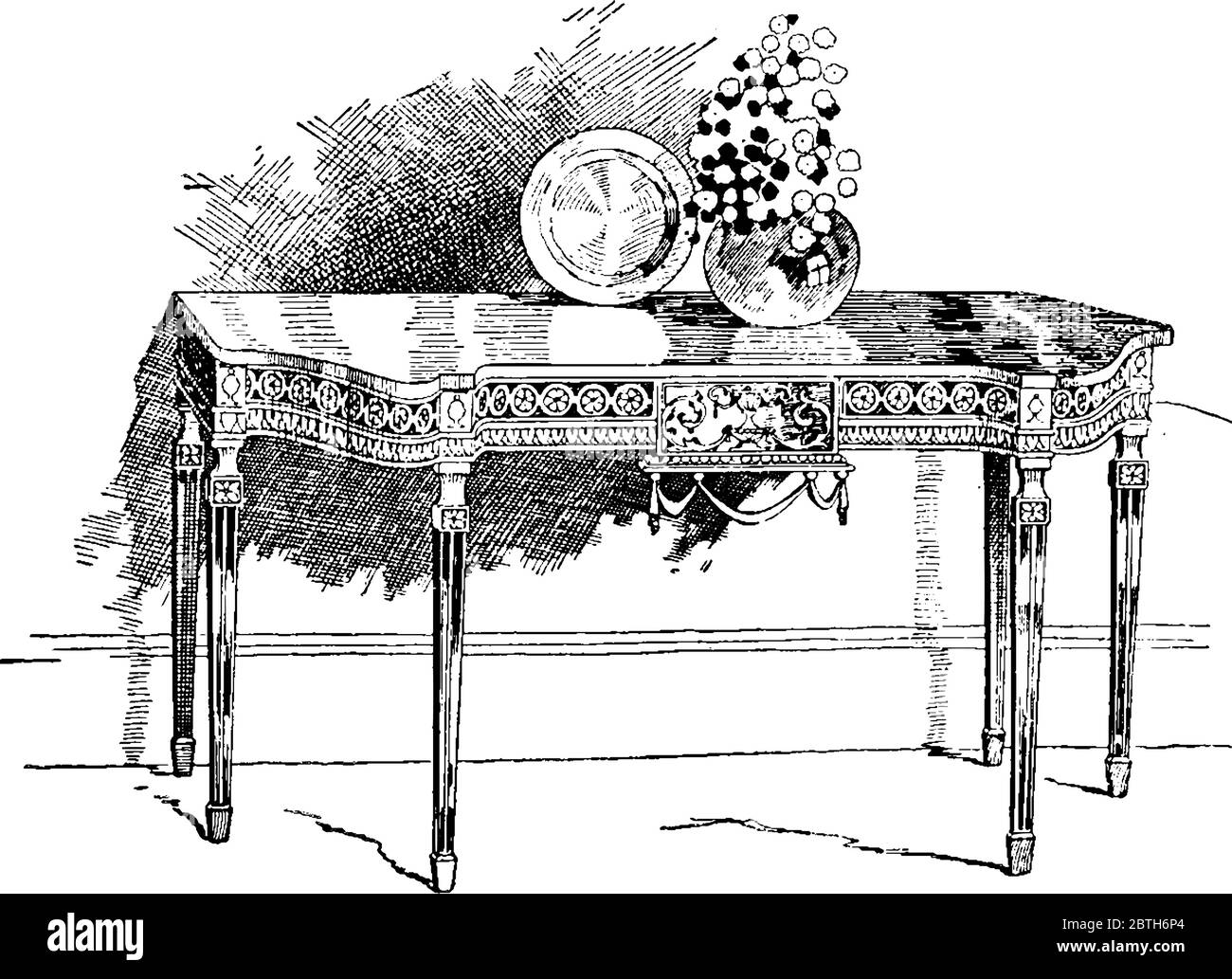 Image montrant une table à six pattes conçue par George Hepplewhite au XVIIIe siècle, dessin de ligne vintage ou illustration de gravure. Illustration de Vecteur