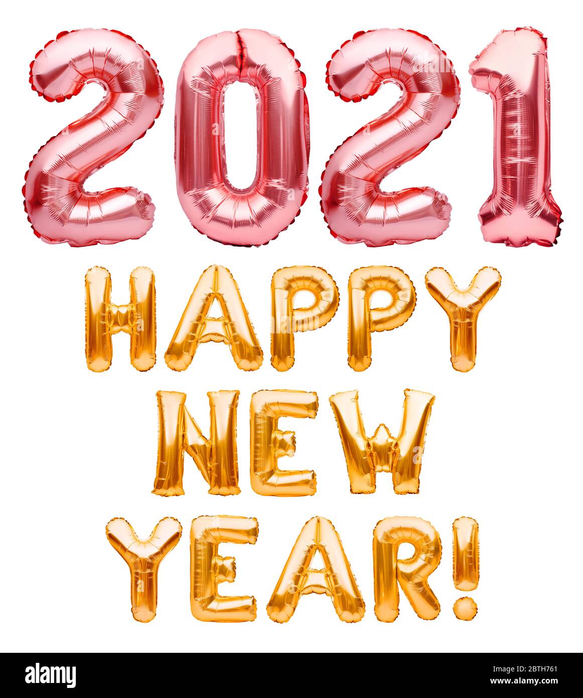 Bonne nouvelle année 2021 phrase faite de ballons gonflables roses et dorés isolés sur blanc. Ballons d'hélium rose et or formant bonne année 2021 Banque D'Images
