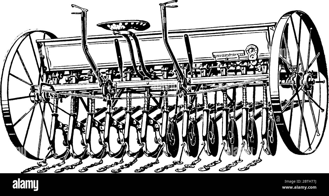 Machine agricole utilisée pour labourer le sol où les cultures ou les semences doivent être plantées, dessin de ligne vintage ou illustration de gravure. Illustration de Vecteur