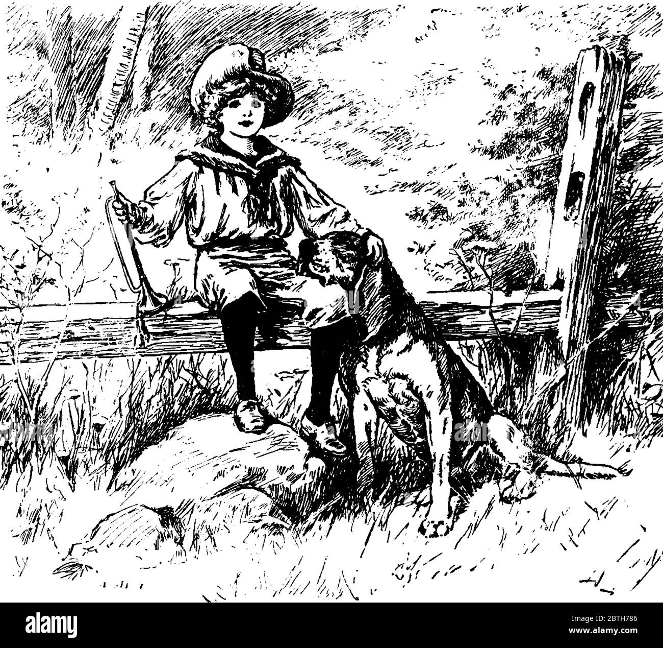 Un petit garçon nommé James, assis sur les rondins de l'arbre avec ses pieds reposant sur la roche et patating son chien, à côté de lui sur la terre, ligne vintage Illustration de Vecteur