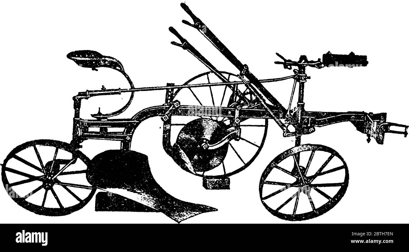 Charrue à labourer en profondeur en forme de cycle avec lames tranchantes en bas, trois roues, dessin de ligne vintage ou illustration de gravure. Illustration de Vecteur