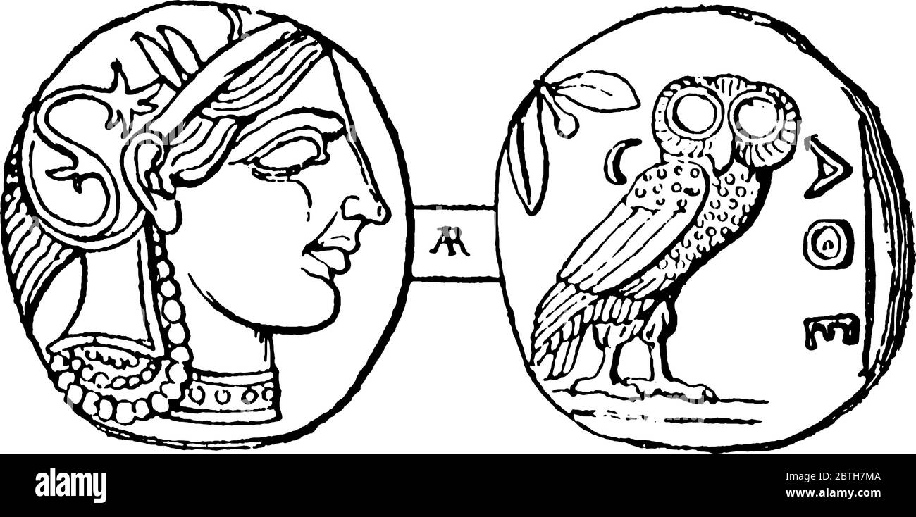 Cette figure montre la pièce archaïque d'Athènes. Inversez avec hibou dessus et l'arrière avec la sculpture Athena, le dessin de ligne vintage ou l'illustration de gravure. Illustration de Vecteur