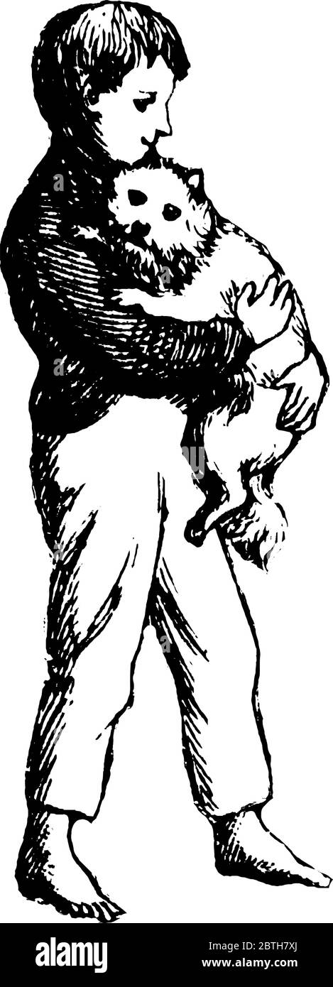 Un garçon debout sans chaussures et embrasse le chien très chaleureusement, vintage dessin de ligne ou illustration de gravure. Illustration de Vecteur