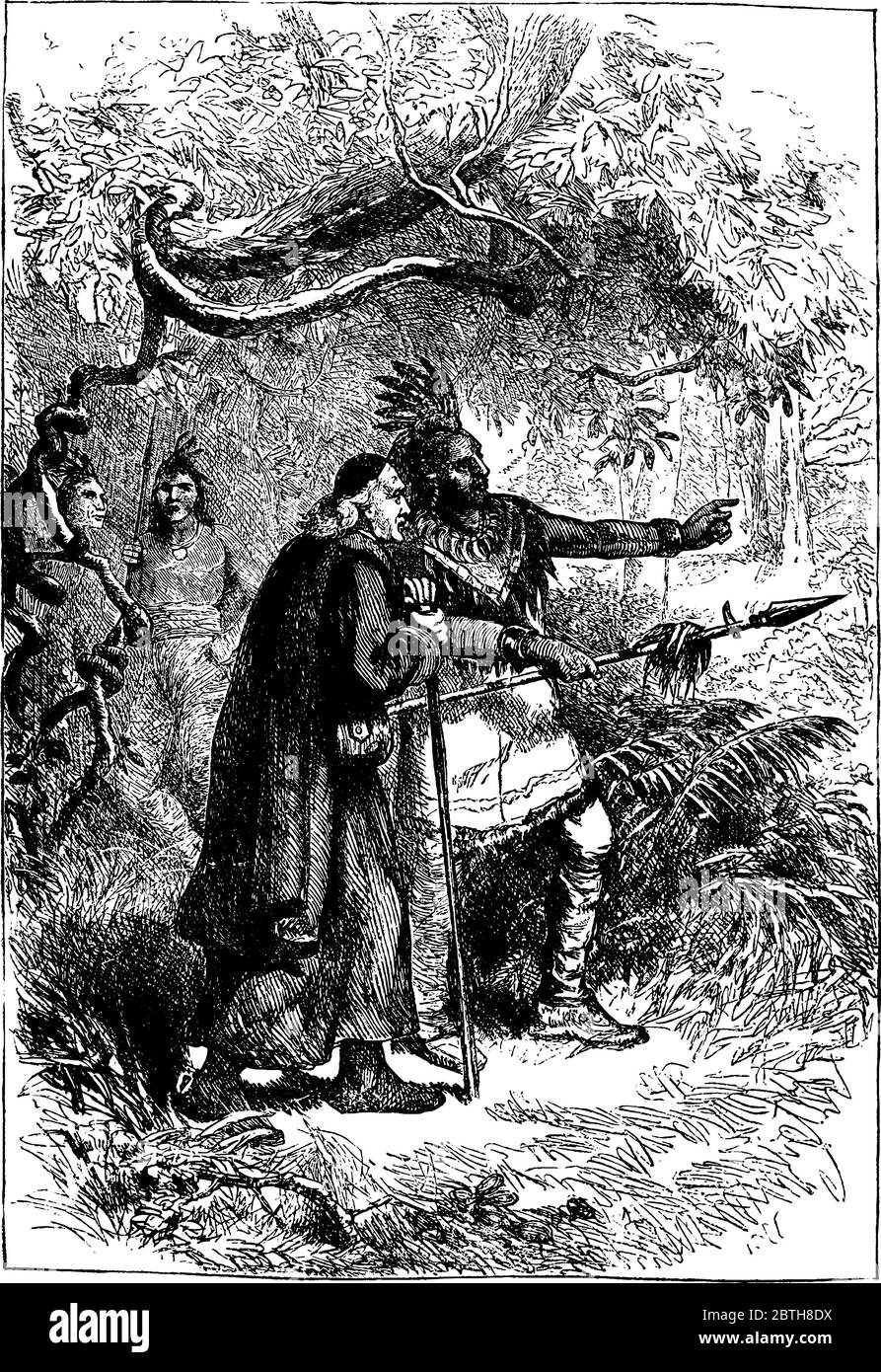 Chef de la tribu amérindienne qui donne un briefing à Pilgrim, dessin de ligne vintage ou illustration de gravure. Illustration de Vecteur