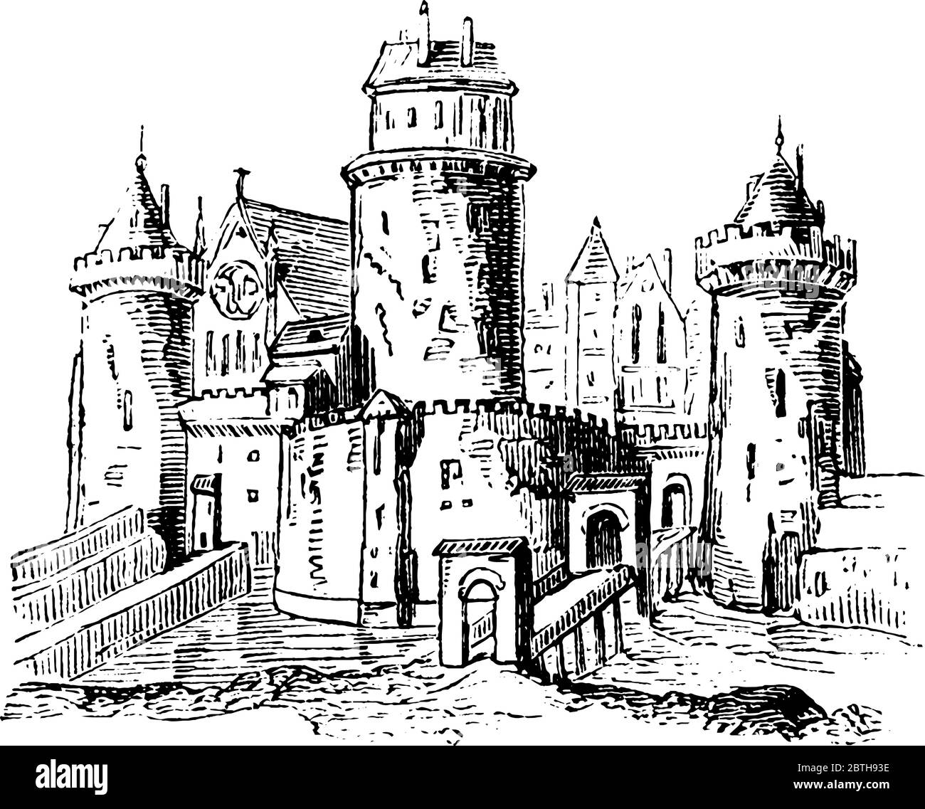 Château féodal anglo-saxon, dessin de ligne d'époque ou illustration de gravure. Illustration de Vecteur