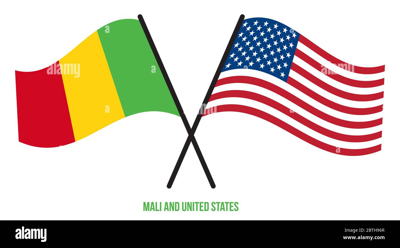 Mali et Etats-Unis drapeaux croisés et ondulant le style plat. Proportion officielle. Corriger les couleurs. Banque D'Images