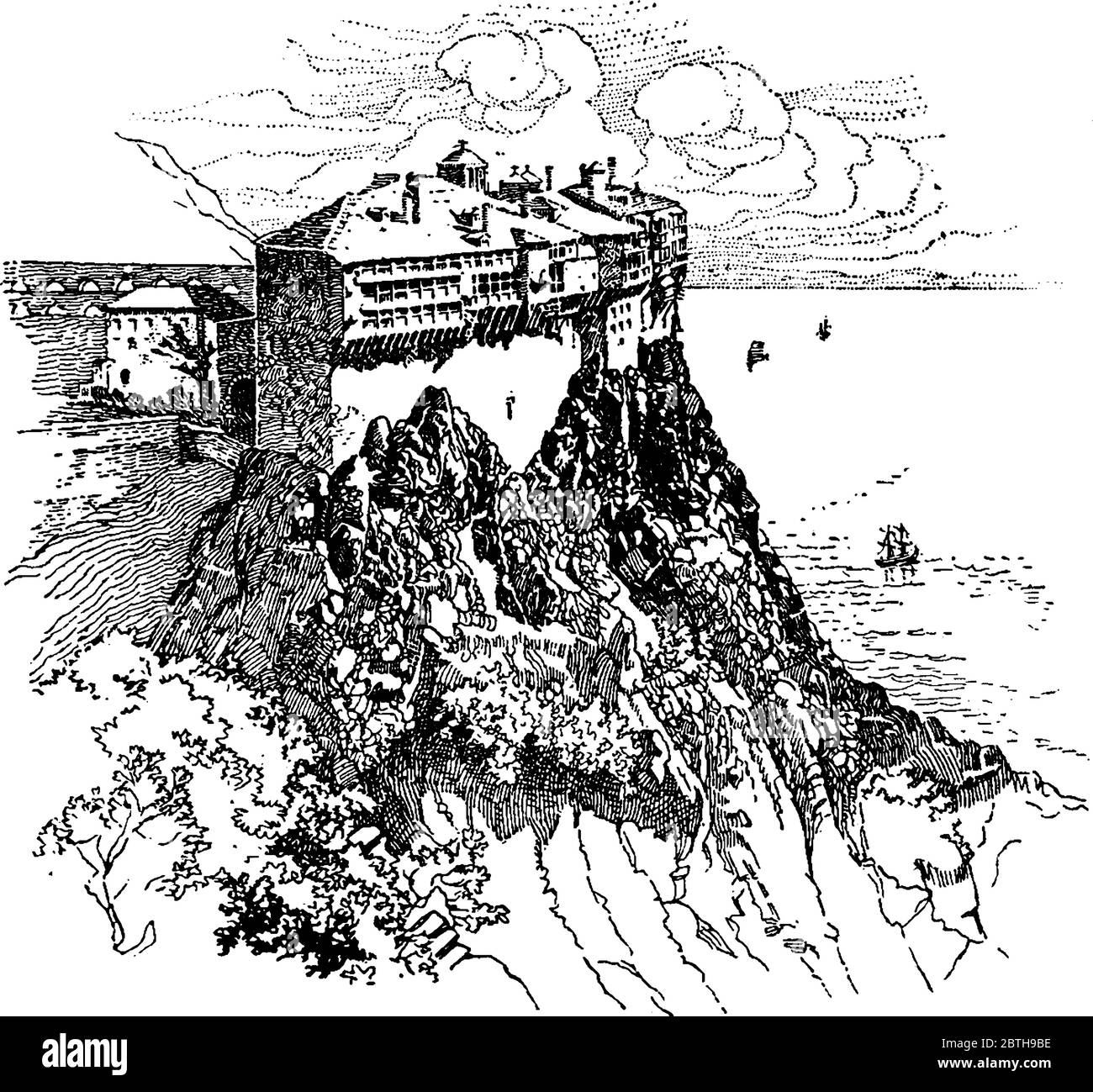Monastère de Simonopetra ancien monastère du mont Athos, Grèce, dessin de ligne d'époque ou illustration de gravure. Illustration de Vecteur