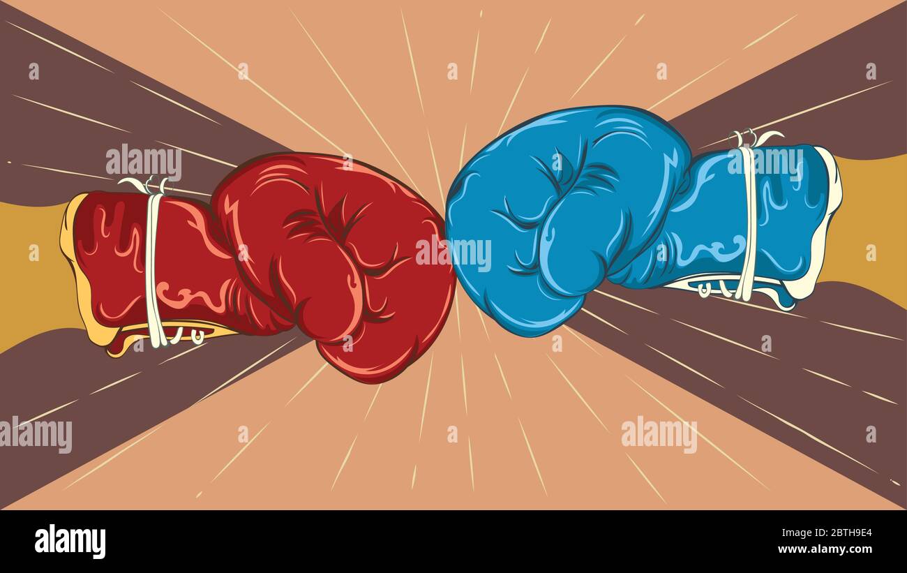 Gants de boxe bleu et rouge de style rétro, illustration sur le thème du sport. Illustration de Vecteur