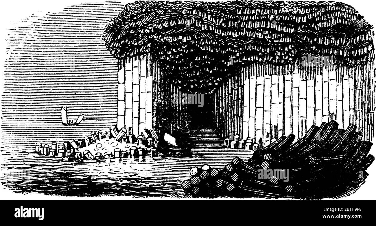 La grotte de Fingal est une grotte de mer sur l'île inhabitée de Staffa, dans les Hébrides intérieures d'Écosse. Figure montrant l'entrée de la grotte de Fingal, vintage l Illustration de Vecteur