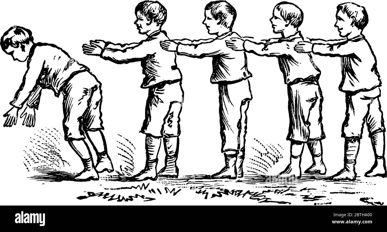 Cinq garçons dans une ligne se poussant l'un l'autre, dessin de ligne vintage ou illustration de gravure. Illustration de Vecteur