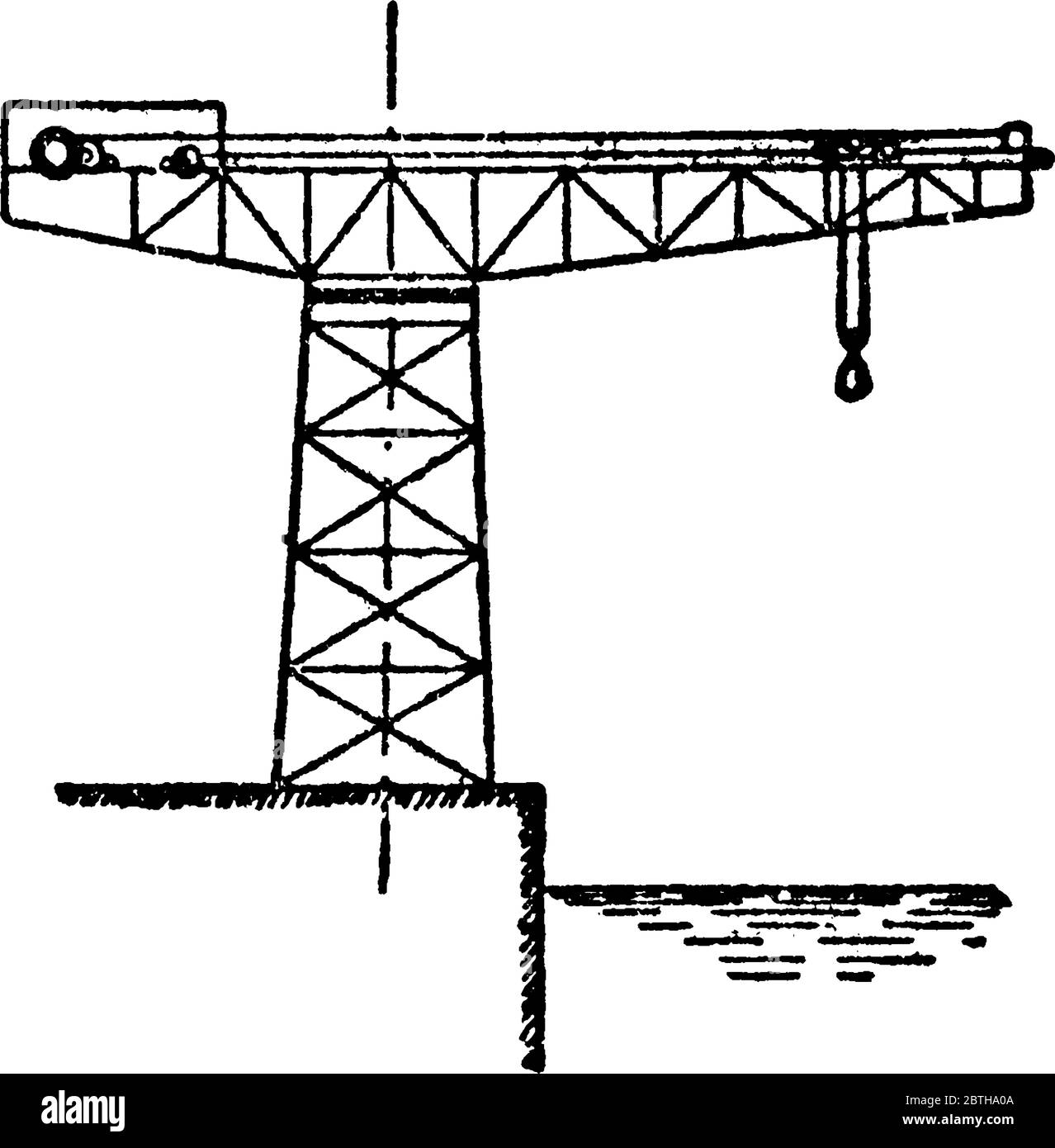 Une grue à flèche fixe composée d'une tour en acier sur laquelle tourne une grande poutre horizontale double en porte-à-faux; la partie avant de cette poutre, ca Illustration de Vecteur