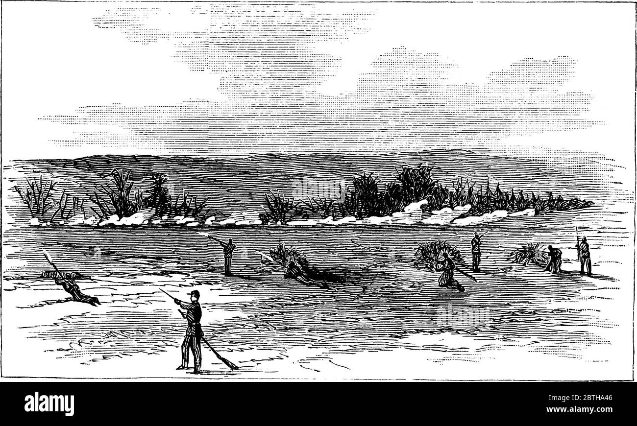 La bataille de Fredericksburg fut une défaite écrasante pour l'Union, qui se battit du 11 au 15 décembre 1862., dessin de ligne vintage ou illustration de gravure. Illustration de Vecteur