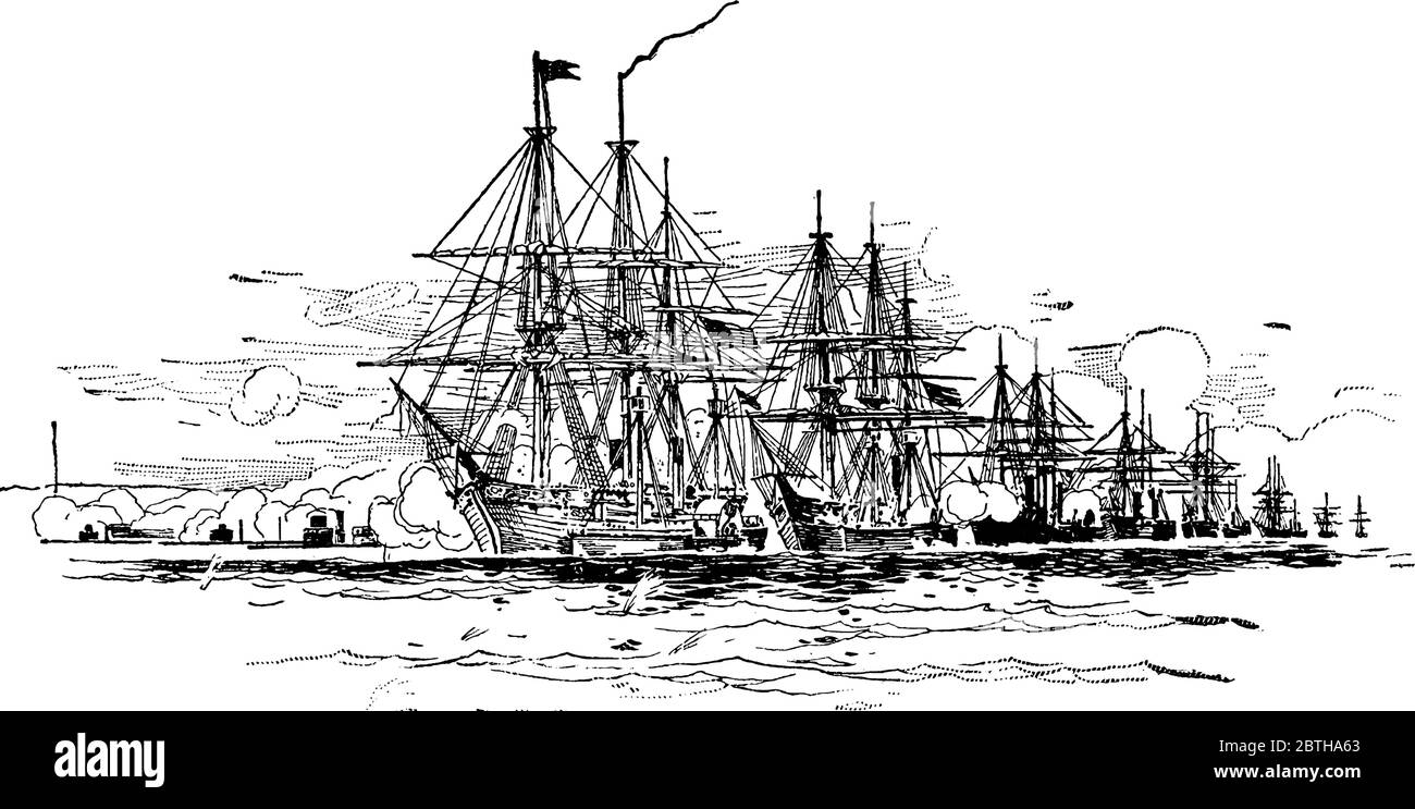Ouverture de la bataille de Mobile Bay, bataille navale, pendant la guerre de Sécession, dessin de ligne d'époque ou illustration de gravure. Illustration de Vecteur