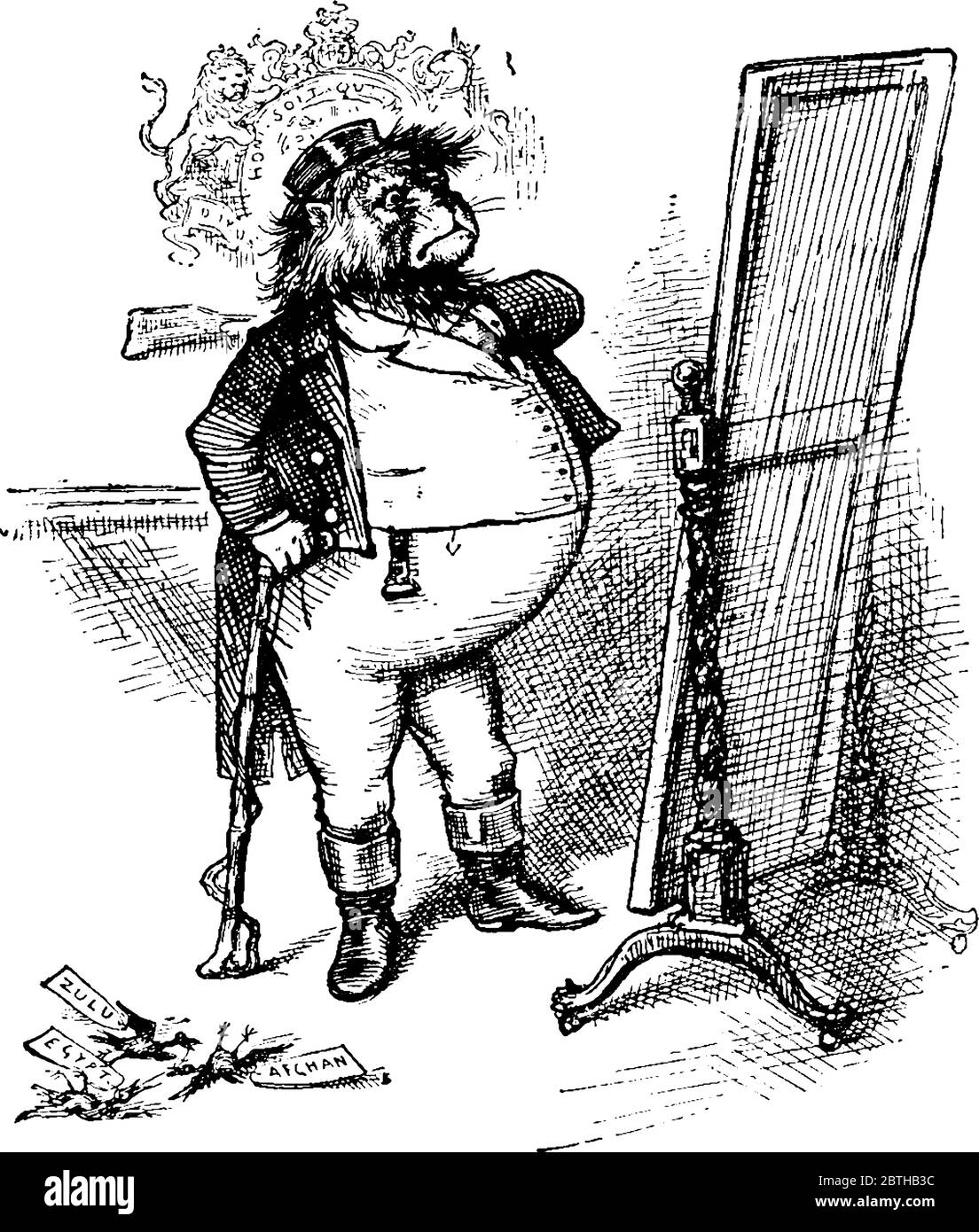 Dessin animé de Garibaldi avec tête de tigre regardant le miroir et trois oiseaux morts avec les étiquettes, sont couché sur le sol, dessin de ligne vintage ou gravure i Illustration de Vecteur