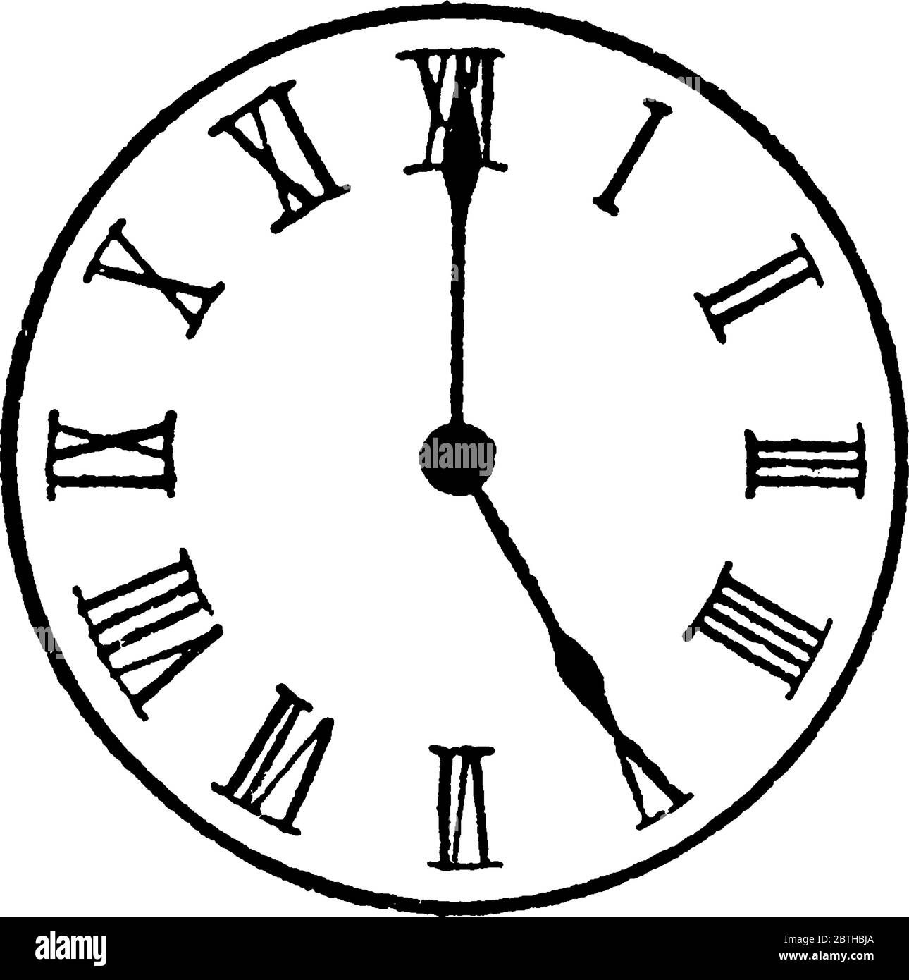 Figure montrant l'horloge analogique avec des chiffres romains, et il est cinq heures sur l'horloge, dessin de ligne vintage ou illustration de gravure. Illustration de Vecteur