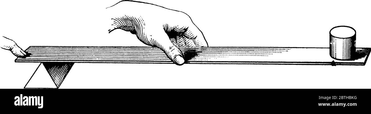 Un levier placé sur le bord triangulaire à une extrémité et ayant le poids placé à l'autre extrémité et est équilibré en tirant le doigt vers le haut d'une extrémité en tenant avec Illustration de Vecteur