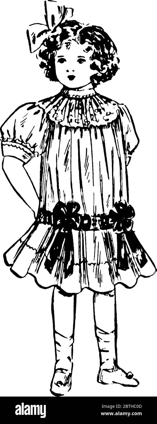L'image représente une petite fille avec des arcs sur sa robe et dans ses cheveux, en repliant ses mains à l'arrière, dessin de ligne vintage ou gravure illustrationratio Illustration de Vecteur