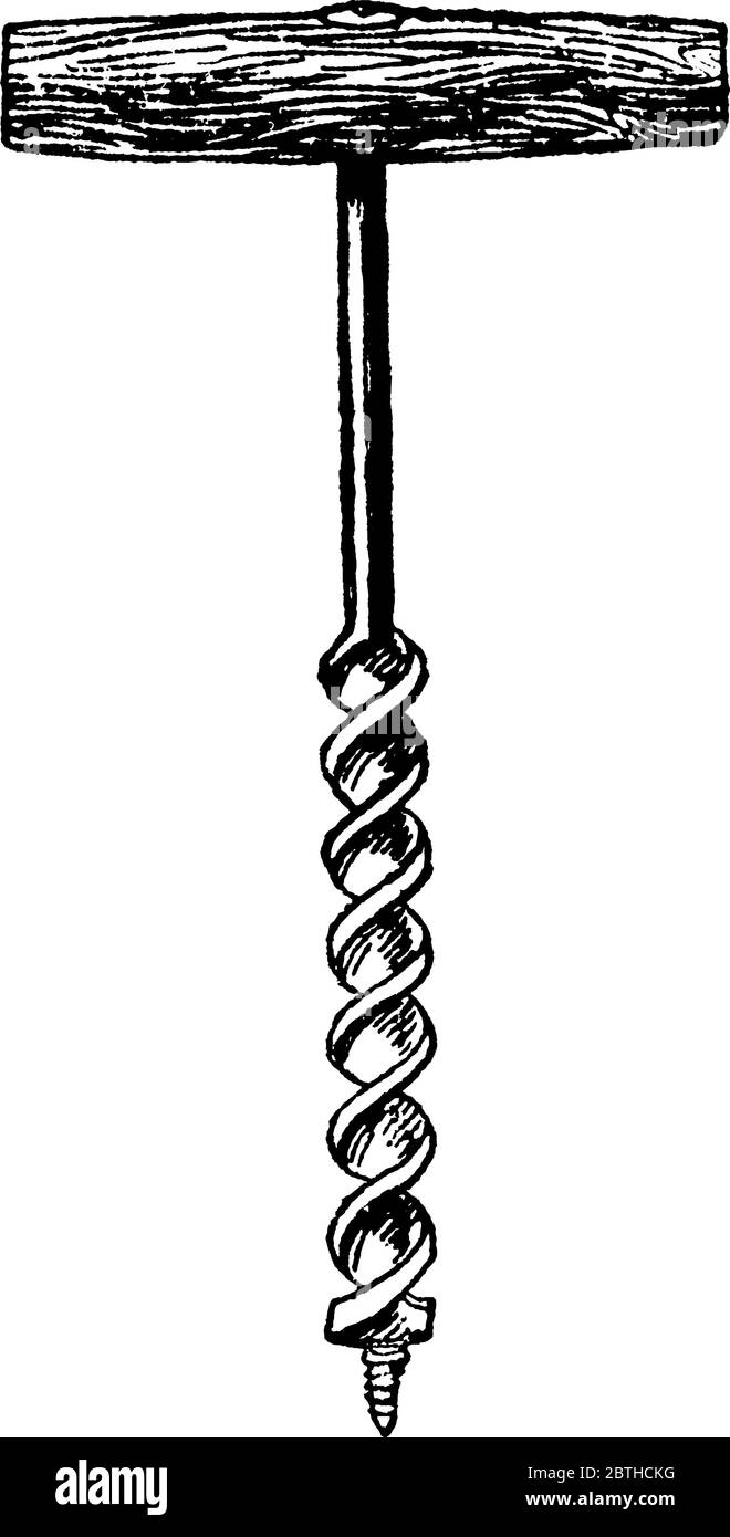 Dispositif, tarière qui déplace le matériau ou le liquide à l'aide d'une barrette hélicoïdale rotative, d'un dessin de ligne vintage ou d'une illustration de gravure. Illustration de Vecteur