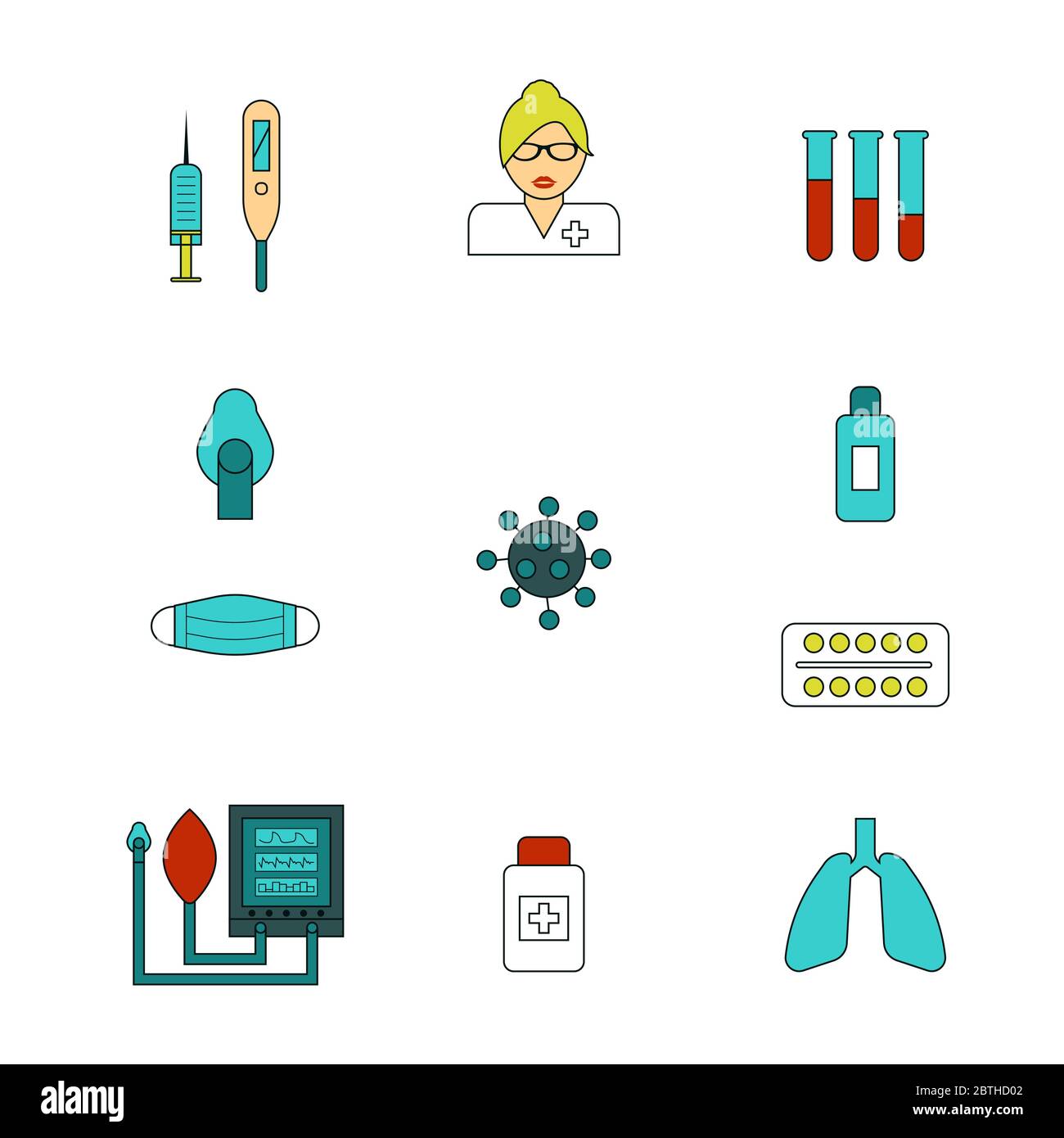 Ensemble d'icônes épidémiques COVID-19. Signes de pandémie du virus Corona, illustration du vecteur de ventilation pulmonaire artificielle. Illustration de Vecteur