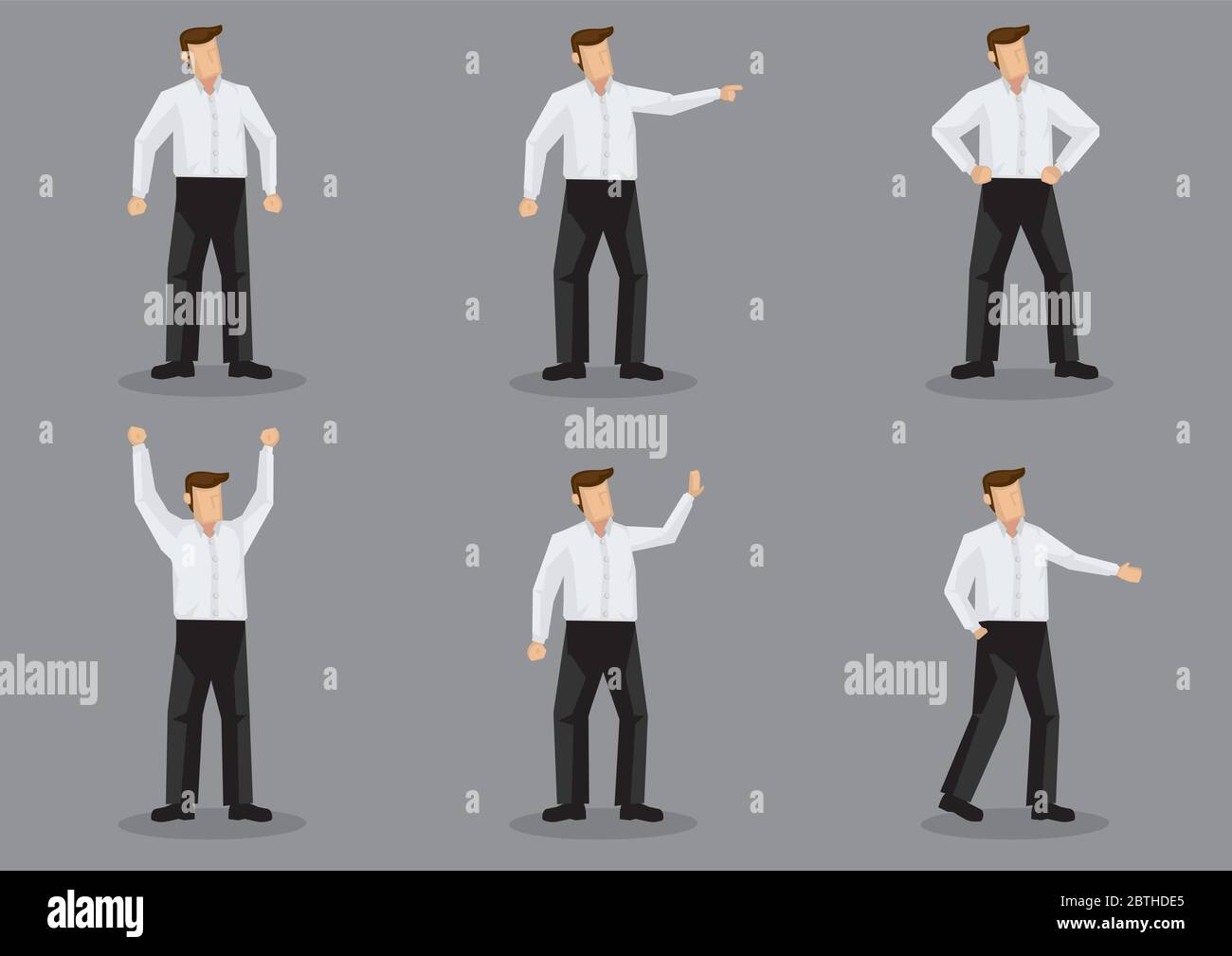 Ensemble de six illustrations vectorielles de personnage de dessin animé sans visage portant une chemise blanche simple et un pantalon noir en différents gestes isolés sur le gris ba Illustration de Vecteur