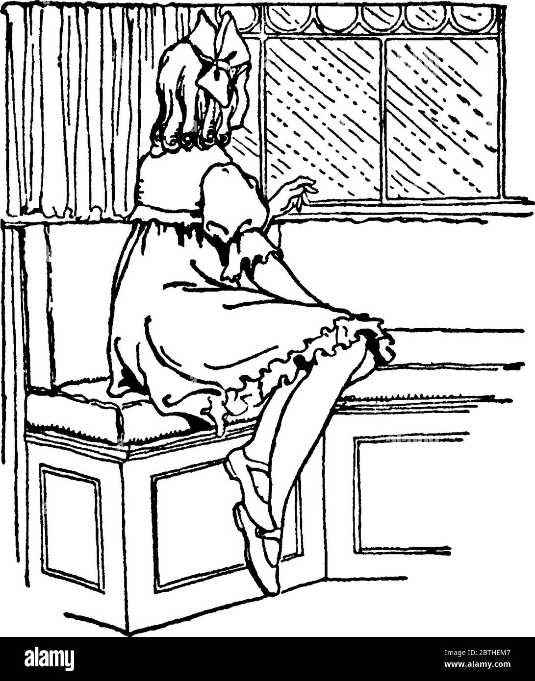 Une jeune fille assise sur un canapé donnant sur la fenêtre par temps de pluie. , dessin de ligne vintage ou illustration de gravure. Illustration de Vecteur