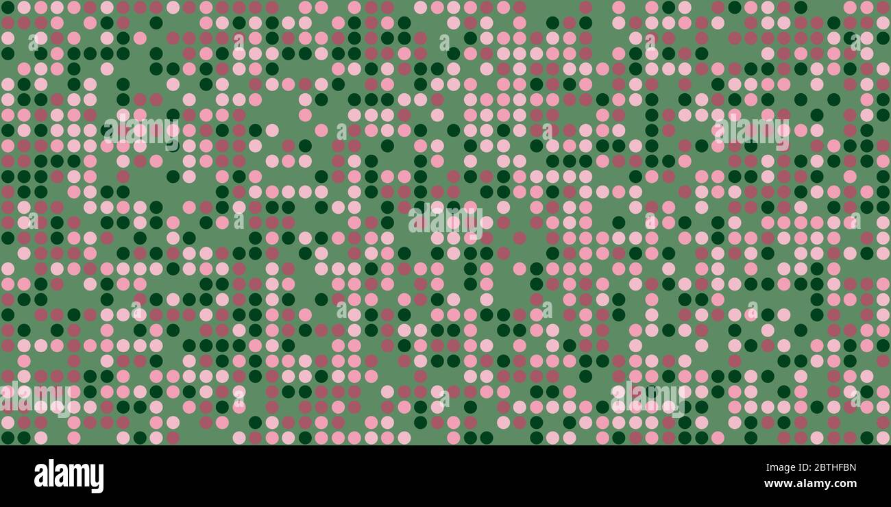 Points violet et vert sur fond vert. Petits cercles formant des particules uniformément les unes par rapport aux autres. Couleurs de camouflage. Concept de sécurité des informations. Illustration de Vecteur