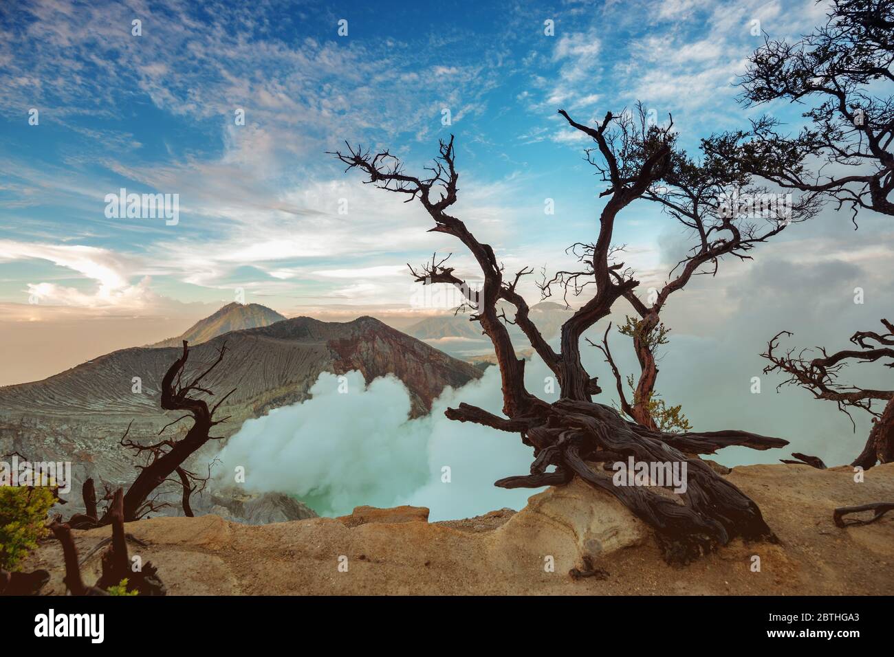 Cratère volcanique d'Ijen avec lac acide et arbres morts au lever du soleil. Île de Java, Indonésie Banque D'Images
