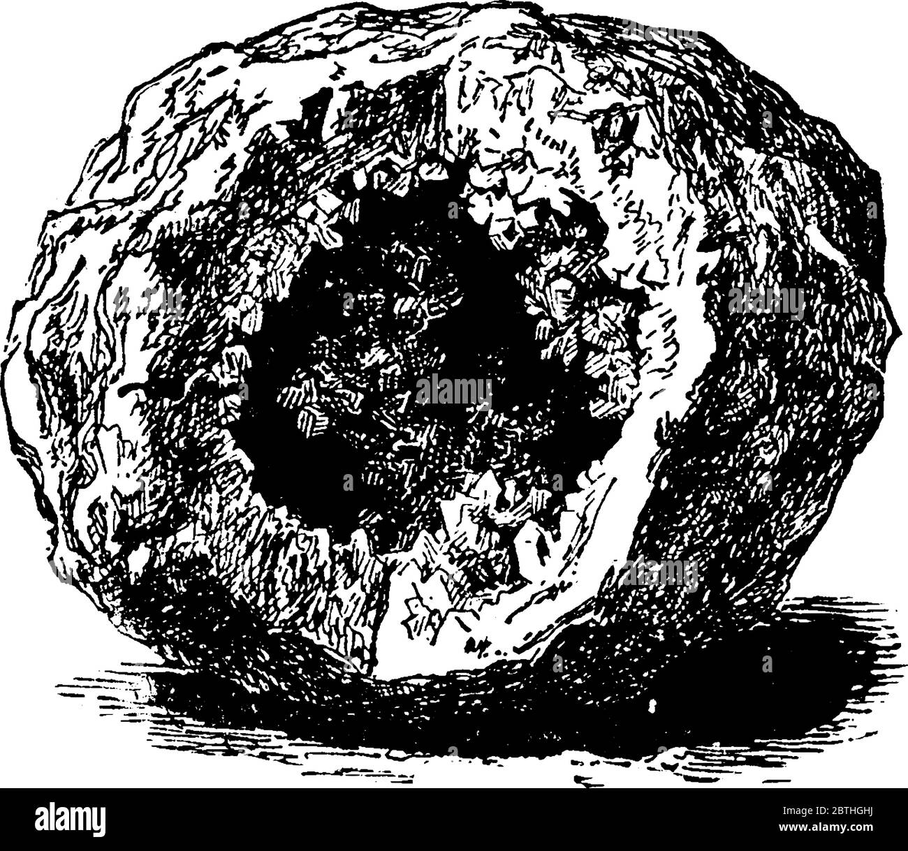 C'est Quartz Geode, une grotte creuse bordée de cristaux de quartz clairs., dessin de ligne vintage ou illustration de gravure. Illustration de Vecteur