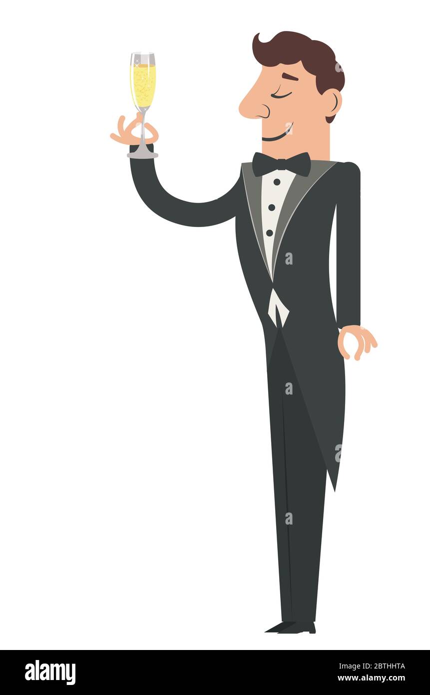 Homme de dessin animé en tuxedo avec une coupe de champagne. Illustration de Vecteur