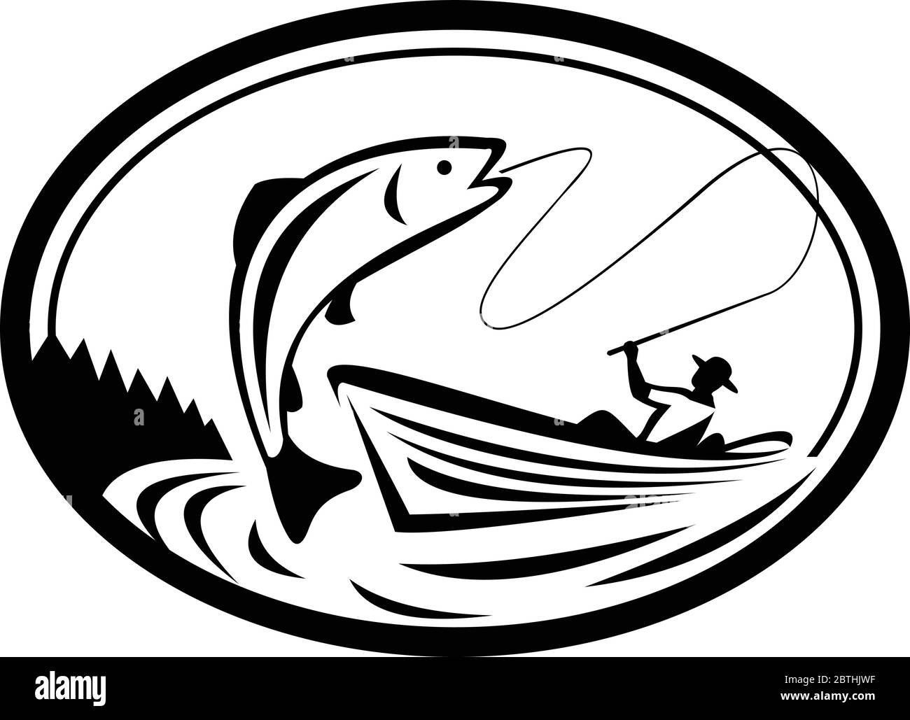 Noir et blanc Illustration d'un pêcheur de mouche pêchant sur un bateau en train de remanter un saumon de truite à l'intérieur de forme ovale fait dans le style rétro. Illustration de Vecteur